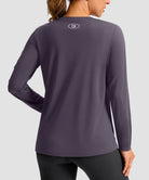 women's hip-length workout long sleeve in dusty purple - back view