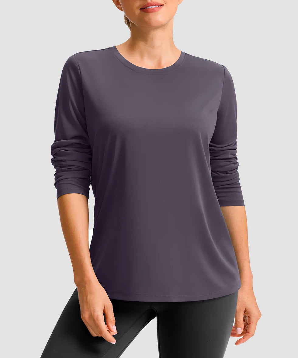 women's hip-length workout long sleeve in dusty purple - front view