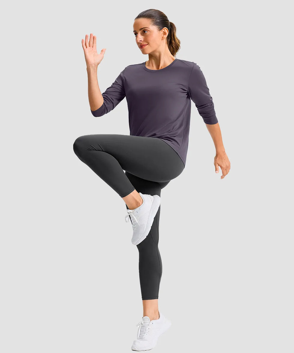women's hip-length workout long sleeve in dusty purple - side view
