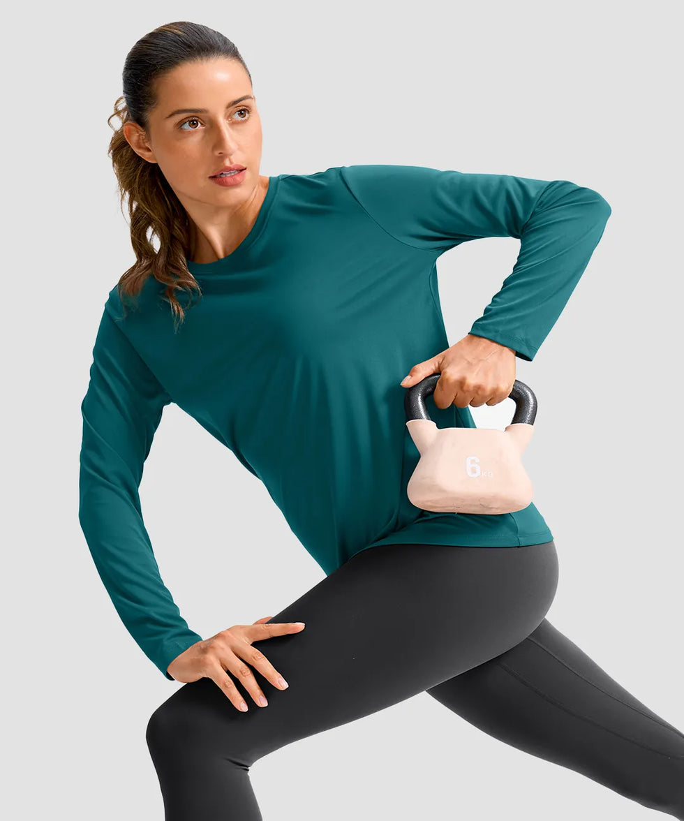 women's hip-length workout long sleeve in harbor blue - fabric detail view