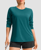 women's hip-length workout long sleeve in harbor blue - front view