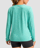 women's hip-length workout long sleeve in heather lake green - back view