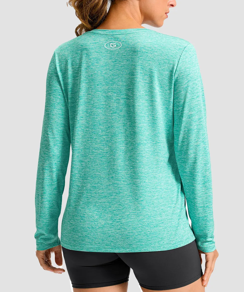 women's hip-length workout long sleeve in heather lake green - back view