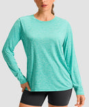 women's hip-length workout long sleeve in heather lake green - front view