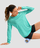 women's hip-length workout long sleeve in heather lake green - side view