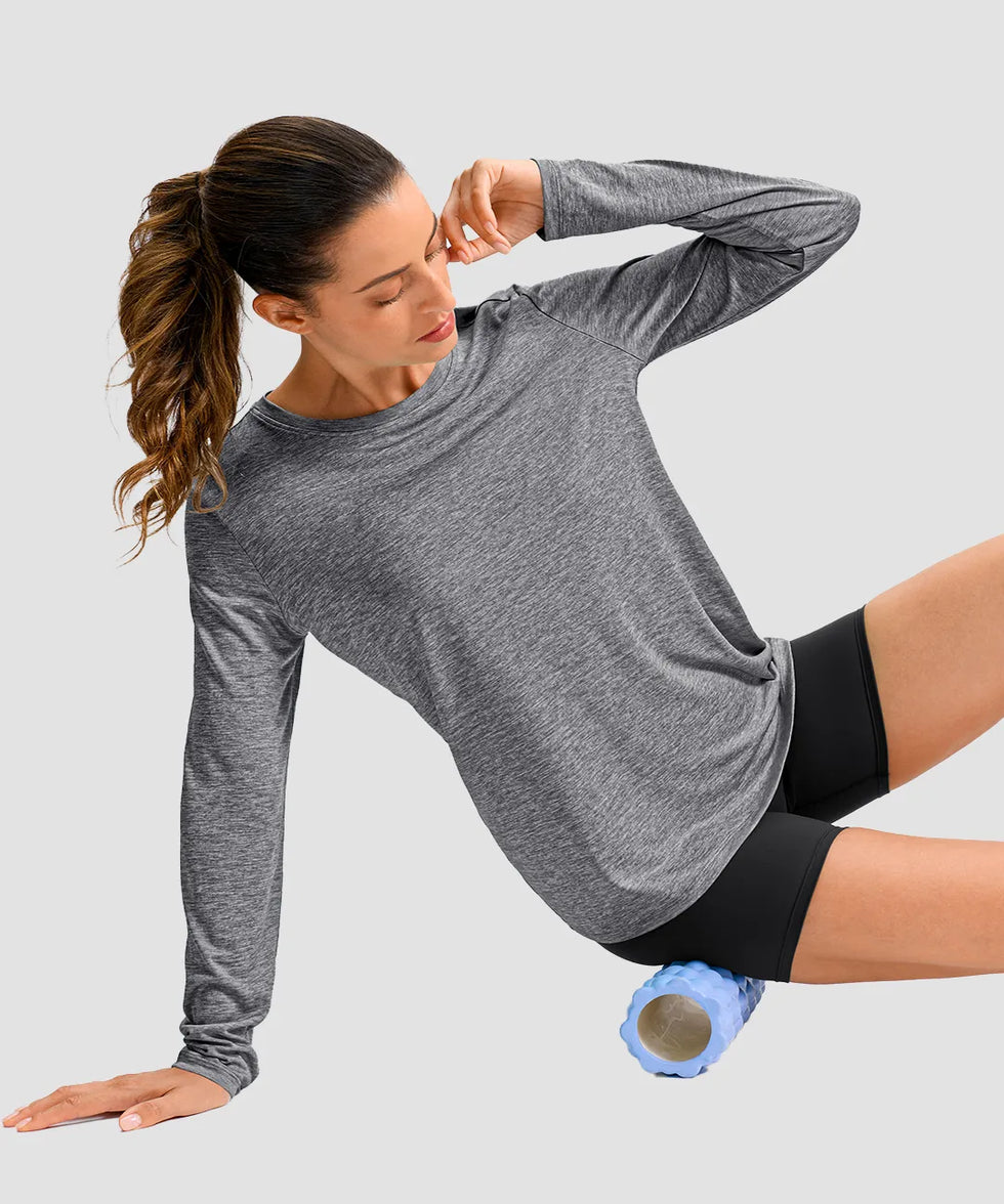 women's hip-length workout long sleeve in heather mid gray - fabric detail view