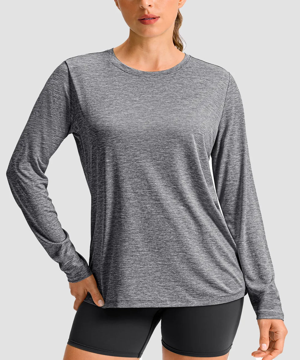 women's hip-length workout long sleeve in heather mid gray - front view