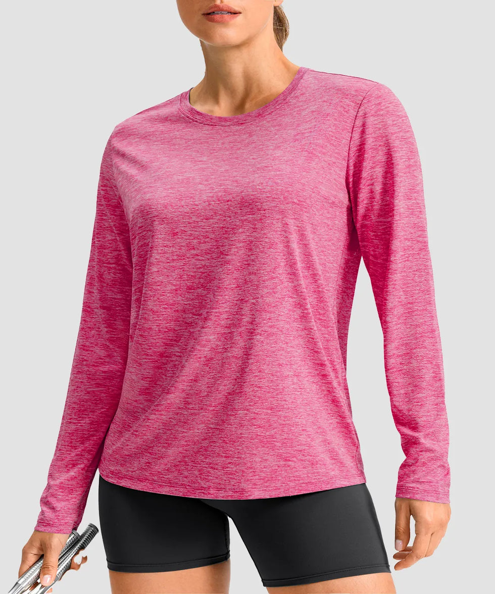 women's hip-length workout long sleeve in heather rose - front view