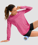 women's hip-length workout long sleeve in heather rose - side view