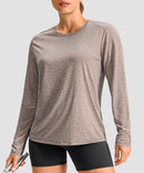 women's hip-length workout long sleeve in heather tea brown - front view
