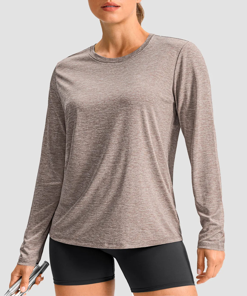 women's hip-length workout long sleeve in heather tea brown - front view