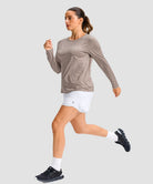 women's hip-length workout long sleeve in heather tea brown - side view