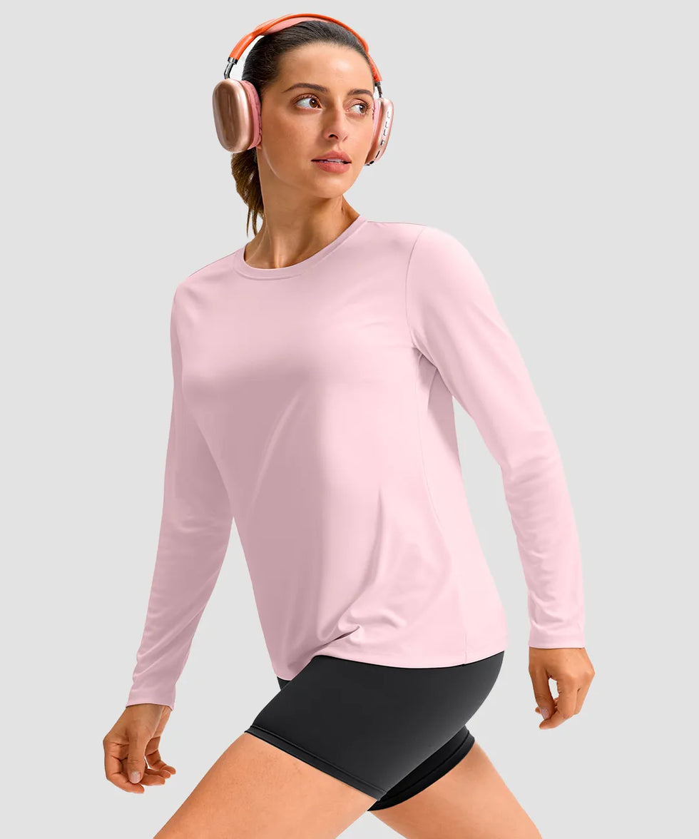 women's hip-length workout long sleeve in light pink - fabric detail view