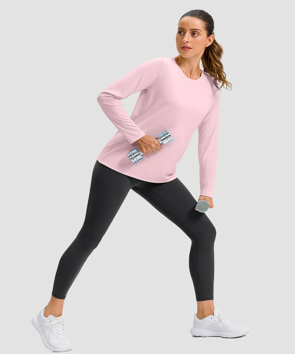women's hip-length workout long sleeve in light pink - side view