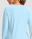 women's hip-length workout long sleeve in mint blue - back view