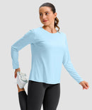 women's hip-length workout long sleeve in mint blue - fabric detail view