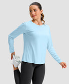 women's hip-length workout long sleeve in mint blue - fabric detail view