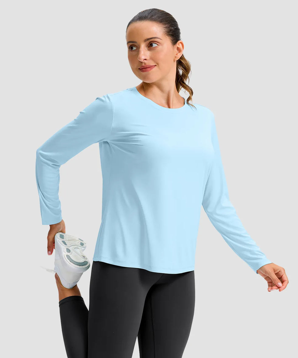women's hip-length workout long sleeve in mint blue - fabric detail view