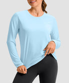 women's hip-length workout long sleeve in mint blue - front view