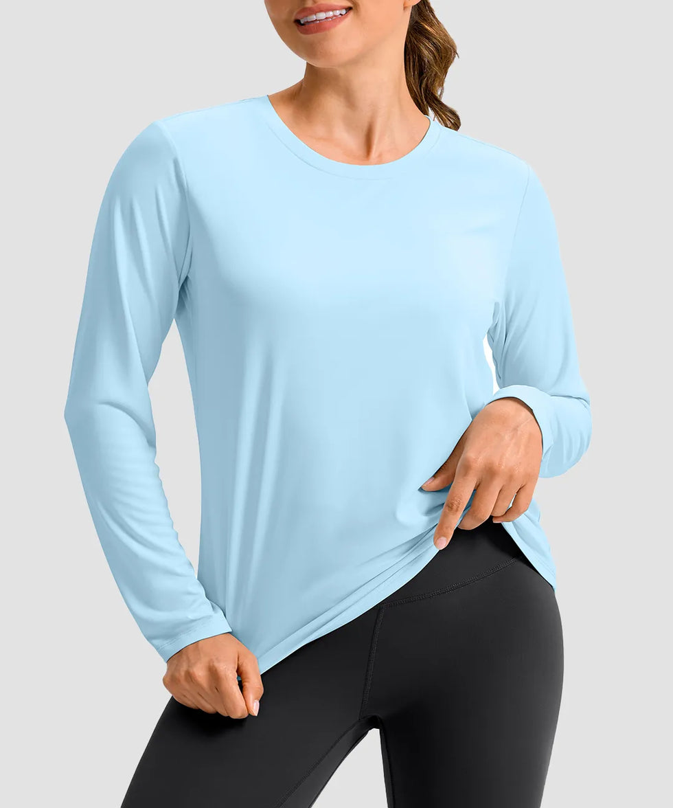 women's hip-length workout long sleeve in mint blue - front view