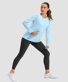 women's hip-length workout long sleeve in mint blue - side view