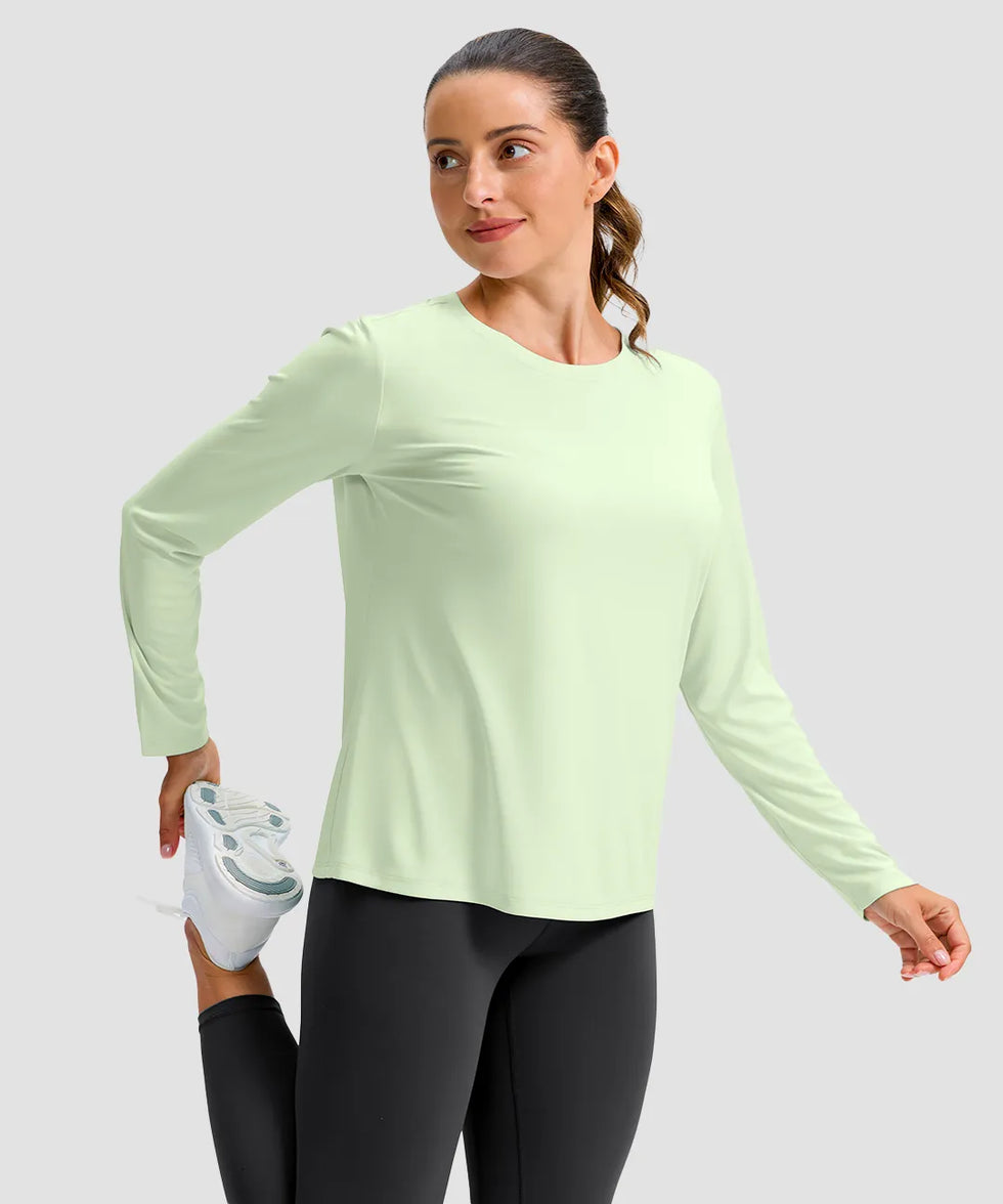 women's hip-length workout long sleeve in mint green - fabric detail view