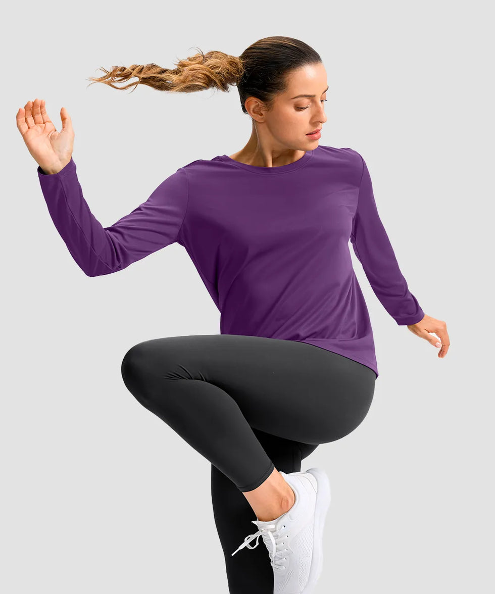 women's hip-length workout long sleeve in purple - fabric detail view
