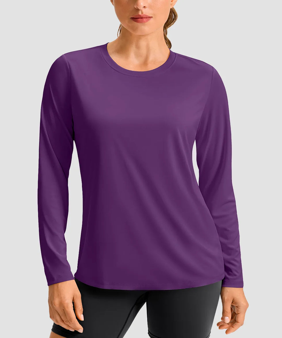 women's hip-length workout long sleeve in purple - front view