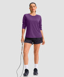 women's hip-length workout long sleeve in purple - side view