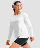 women's hip-length workout long sleeve in white - fabric detail view