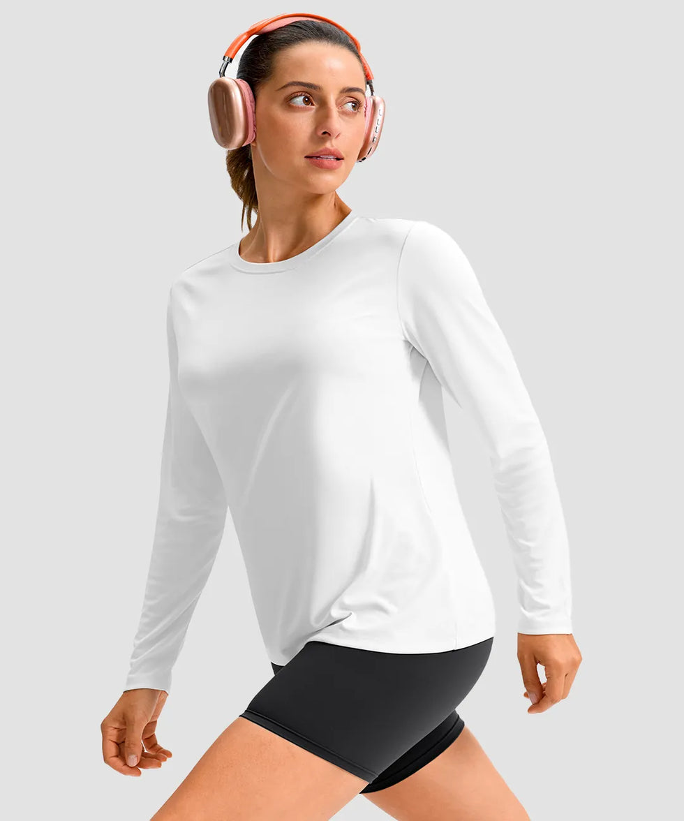 women's hip-length workout long sleeve in white - fabric detail view