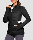 women's lightweight with 6 pockets puffer jacket in black - zipper pocket detail view