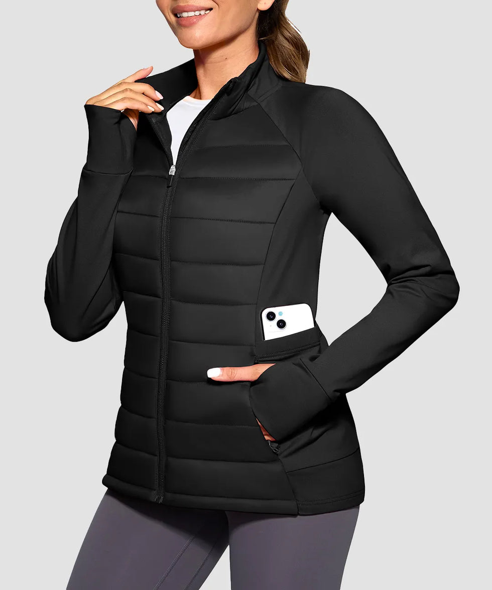 women's lightweight with 6 pockets puffer jacket in black - zipper pocket detail view