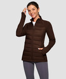 women's lightweight with 6 pockets puffer jacket in brown - front view