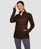 women's lightweight with 6 pockets puffer jacket in brown - front view
