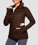 women's lightweight with 6 pockets puffer jacket in brown - zipper pocket detail view