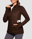 women's lightweight with 6 pockets puffer jacket in brown - zipper pocket detail view