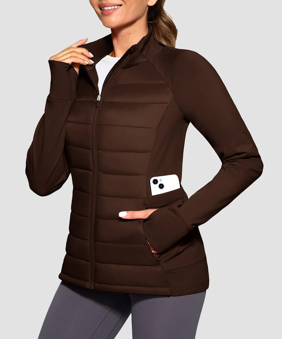 women's lightweight with 6 pockets puffer jacket in brown - zipper pocket detail view