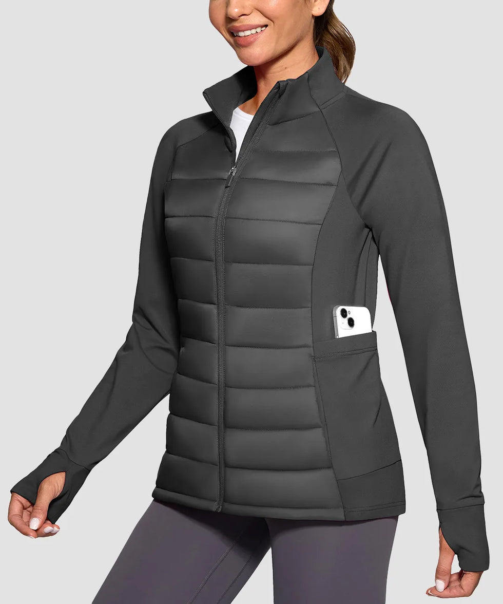 women's lightweight with 6 pockets puffer jacket in dark gray - zipper pocket detail view