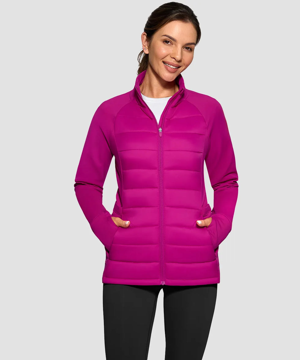 women's lightweight with 6 pockets puffer jacket in fuchsia purple - front view