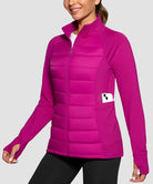 women's lightweight with 6 pockets puffer jacket in fuchsia purple - zipper pocket detail view