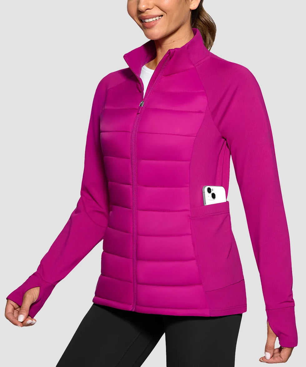 women's lightweight with 6 pockets puffer jacket in fuchsia purple - zipper pocket detail view
