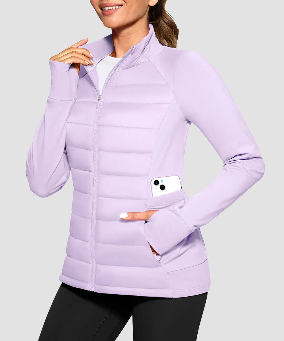 women's lightweight with 6 pockets puffer jacket in taro purple - zipper pocket detail view