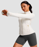 women's longline slim full zip pocketed workout jacket in beige - side view