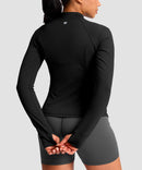 women's longline slim full zip pocketed workout jacket in black - back view