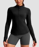women's longline slim full zip pocketed workout jacket in black - front view