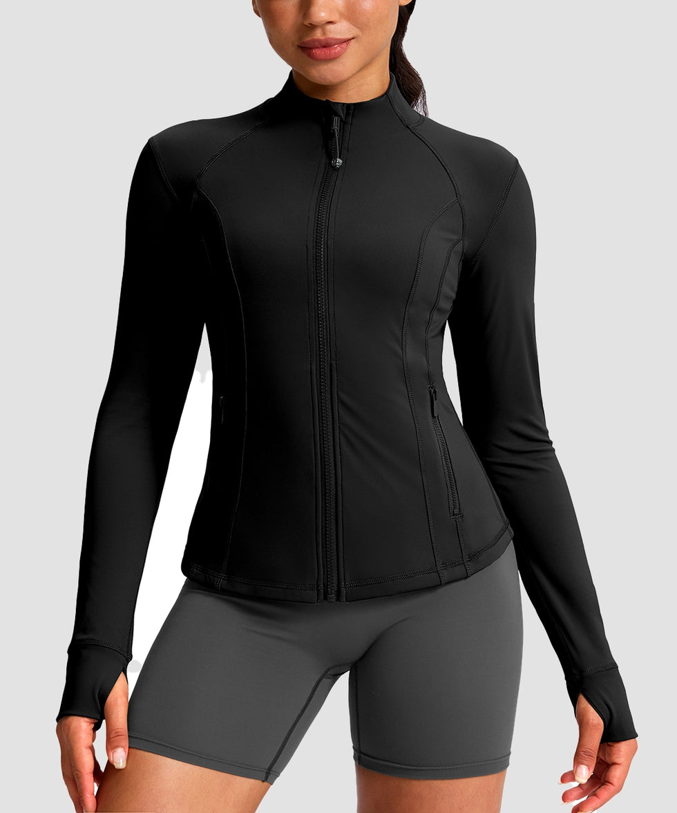 women's longline slim full zip pocketed workout jacket in black - front view