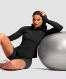 women's longline slim full zip pocketed workout jacket in black - matching outfits view
