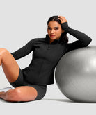 women's longline slim full zip pocketed workout jacket in black - matching outfits view