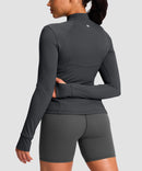 women's longline slim full zip pocketed workout jacket in dark gray - back view